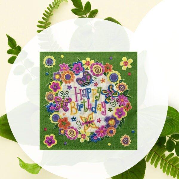 Green Disposable Napkins – 10x 2-Ply Happy Birthday Butterfly Serviettes