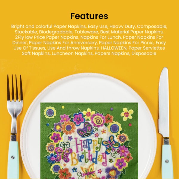 Green Disposable Napkins – 10x 2-Ply Happy Birthday Butterfly Serviettes