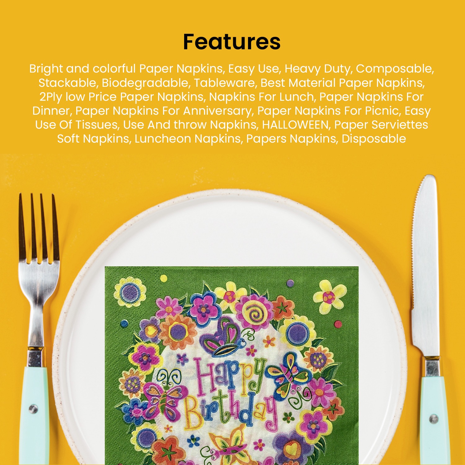 Green Disposable Napkins – 10x 2-Ply Happy Birthday Butterfly Serviettes