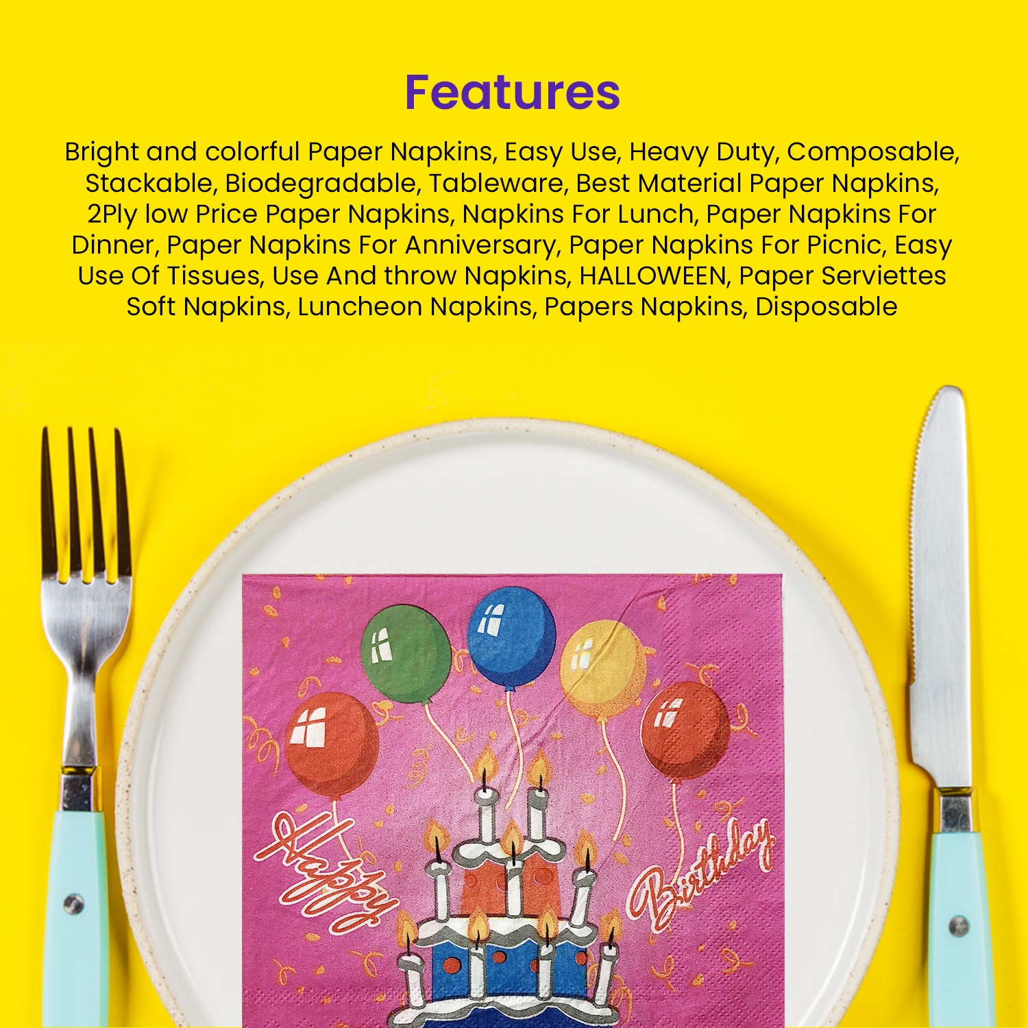 10X Pink Serviettes Napkins – Birthday Cake & Balloon 2 Ply