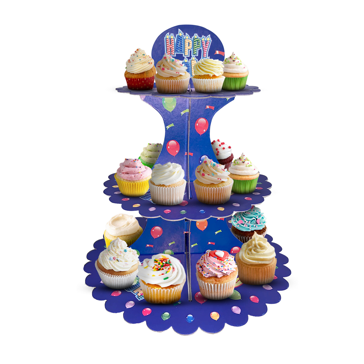 Blue Happy Birthday 3 Tier Cupcake Stand