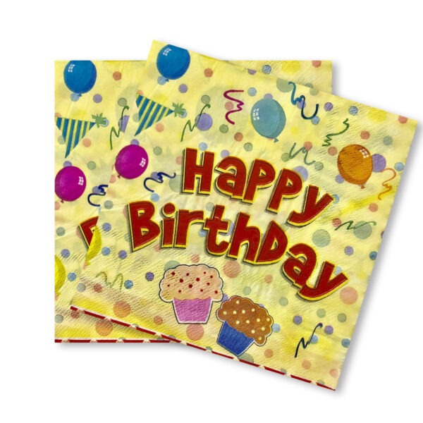 10X Disposable Paper Napkins – Yellow Double Cake Birthday 2 Ply