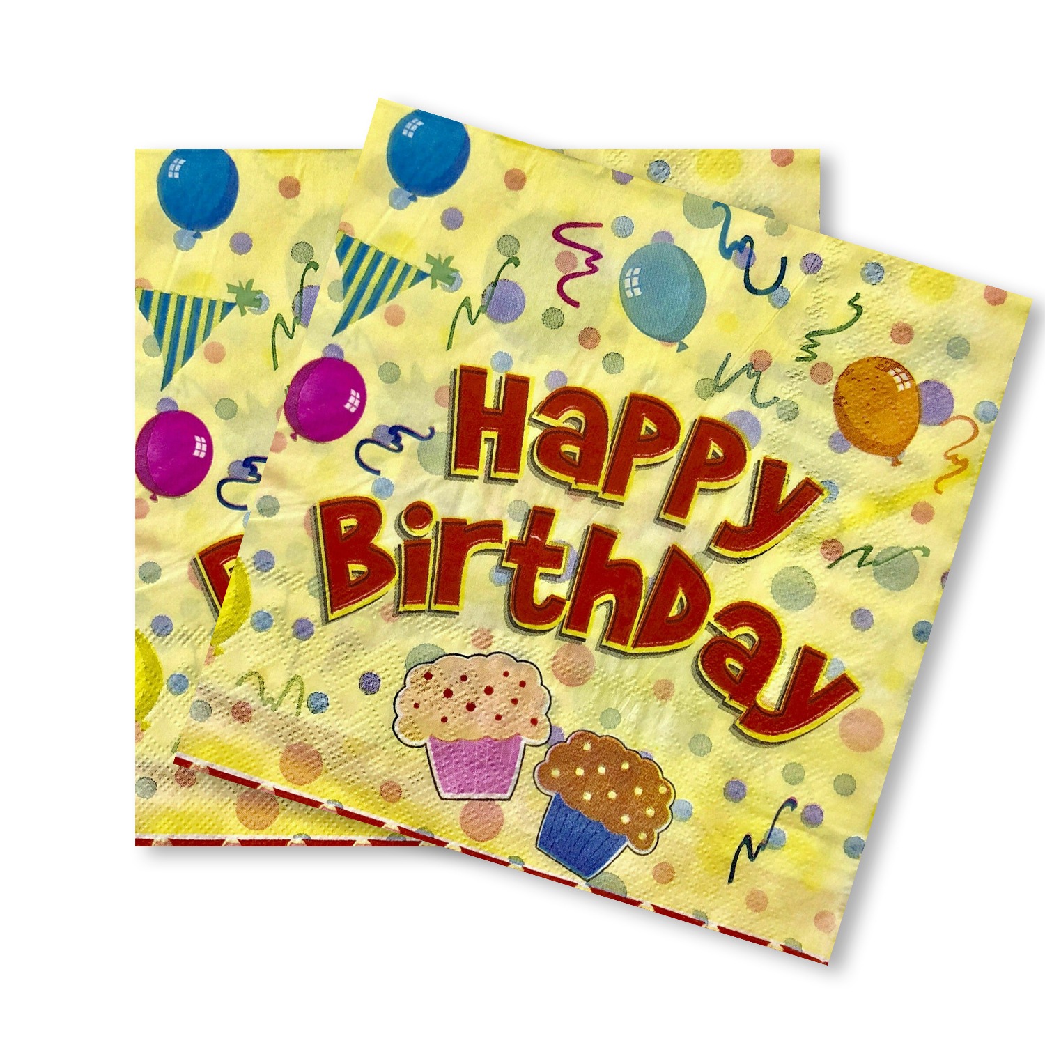 10X Disposable Paper Napkins – Yellow Double Cake Birthday 2 Ply