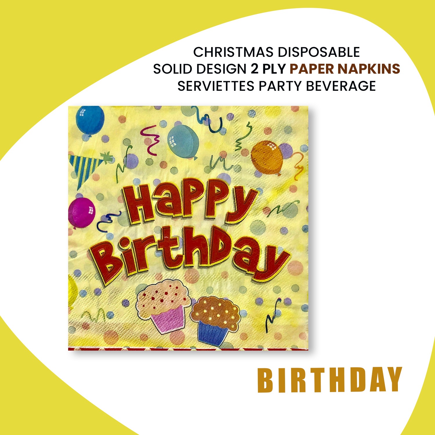 10X Disposable Paper Napkins – Yellow Double Cake Birthday 2 Ply