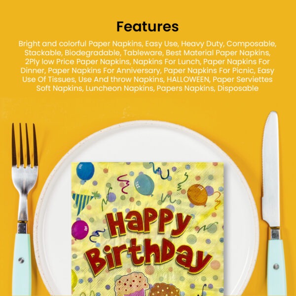 10X Disposable Paper Napkins – Yellow Double Cake Birthday 2 Ply