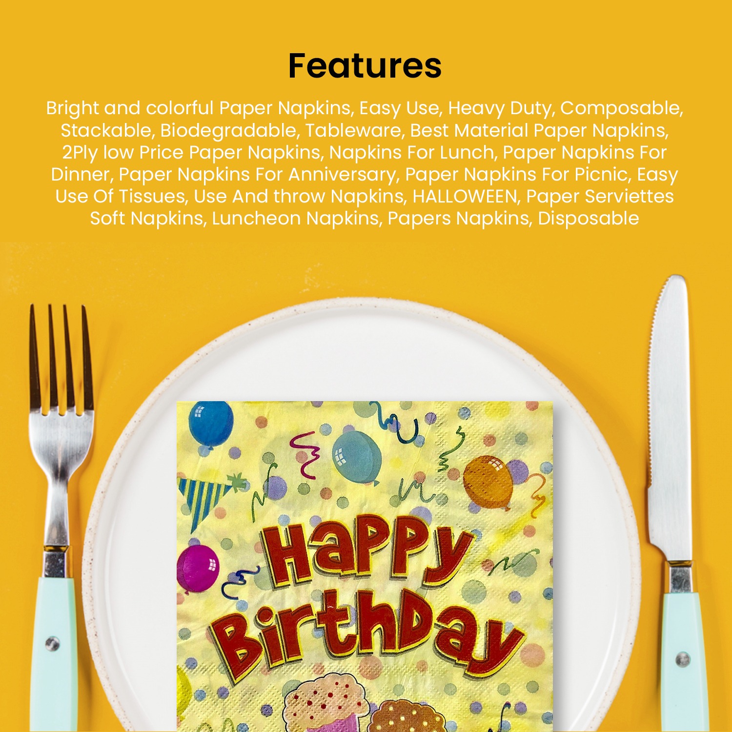 10X Disposable Paper Napkins – Yellow Double Cake Birthday 2 Ply