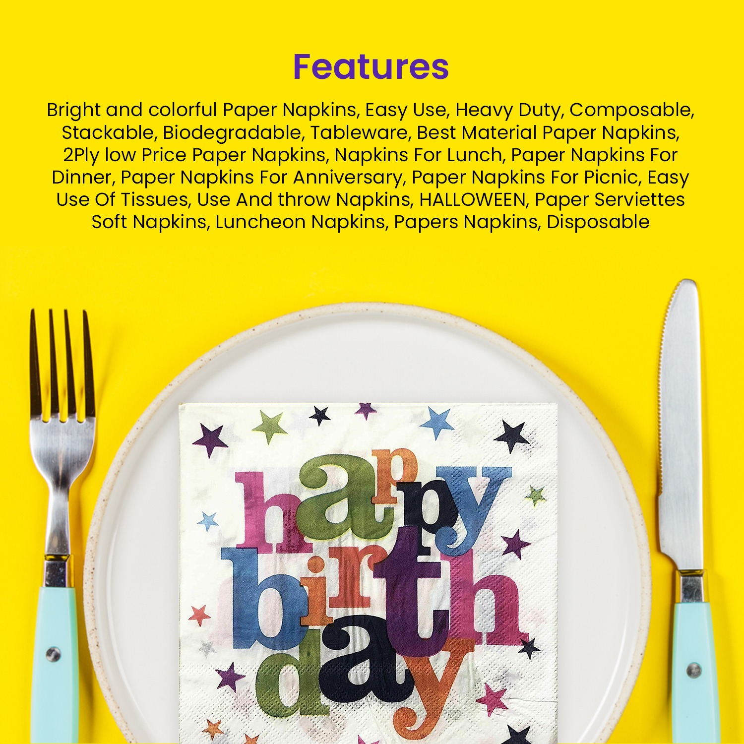 White Napkins Disposable – 10x 2-Ply Happy Birthday Star Paper Serviettes