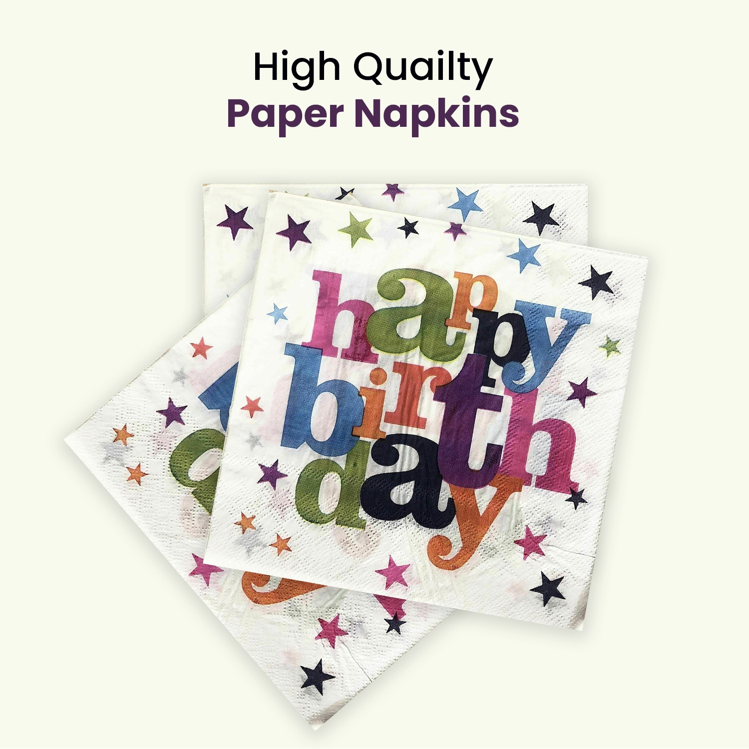 White Napkins Disposable – 10x 2-Ply Happy Birthday Star Paper Serviettes