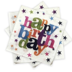 White Napkins Disposable – 10x 2-Ply Happy Birthday Star Paper Serviettes