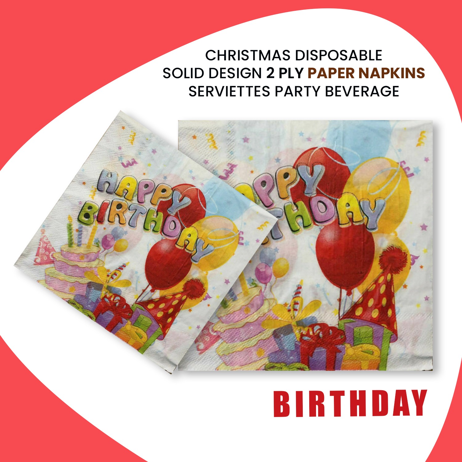10X White Paper Napkin – Birthday Cake & Balloon 2 Ply Party
