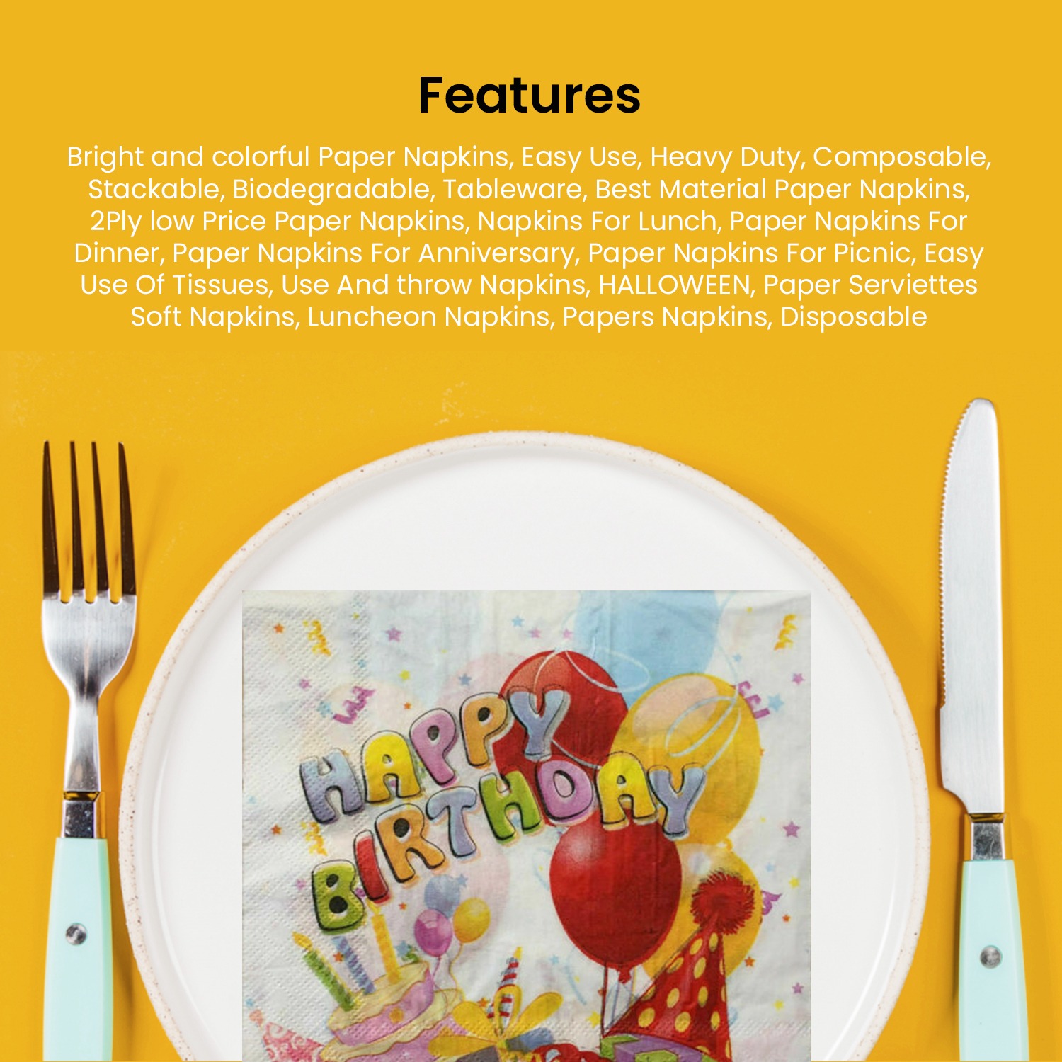 10X White Paper Napkin – Birthday Cake & Balloon 2 Ply Party