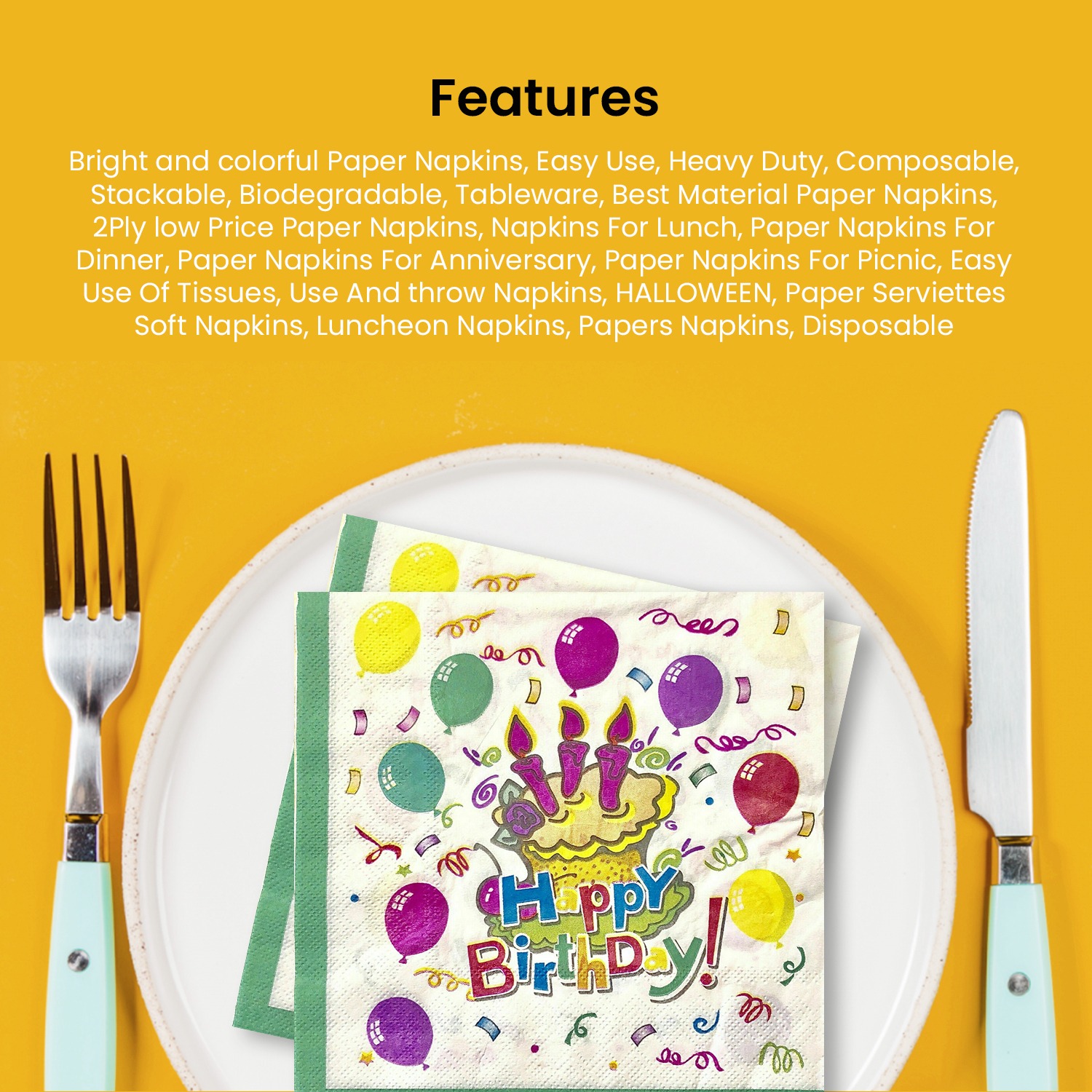 10X Serviettes Napkins Green – Happy Birthday 2 Ply Disposable Paper