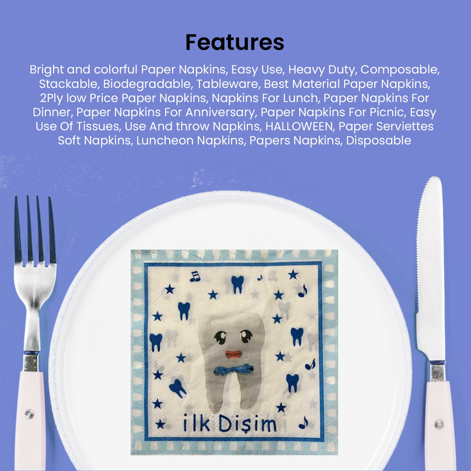 Blue Paper Napkins Serviettes – 10x 2-Ply İlk Dişim Disposable Party