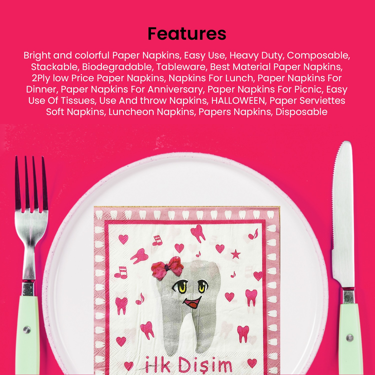 Pink Serviettes – 10x 2-Ply İlk Dişim Disposable Party Napkins