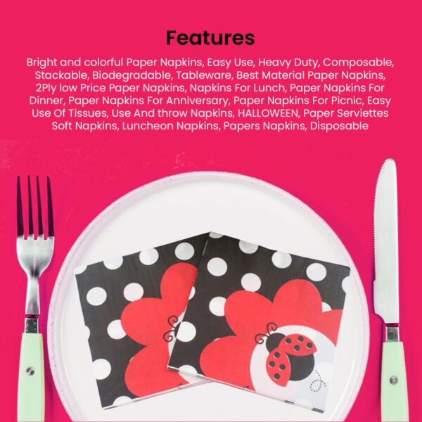 Black Paper Napkins – 10x 2-Ply Ladybug Disposable Serviettes