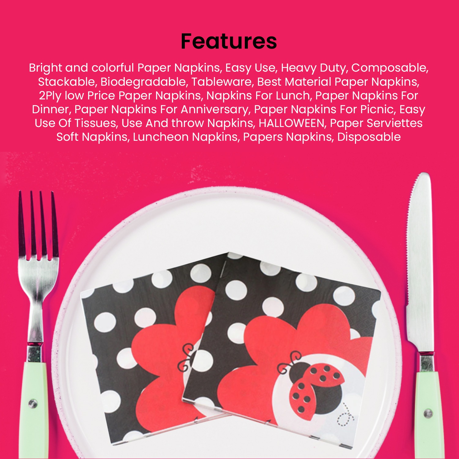 Black Paper Napkins – 10x 2-Ply Ladybug Disposable Serviettes