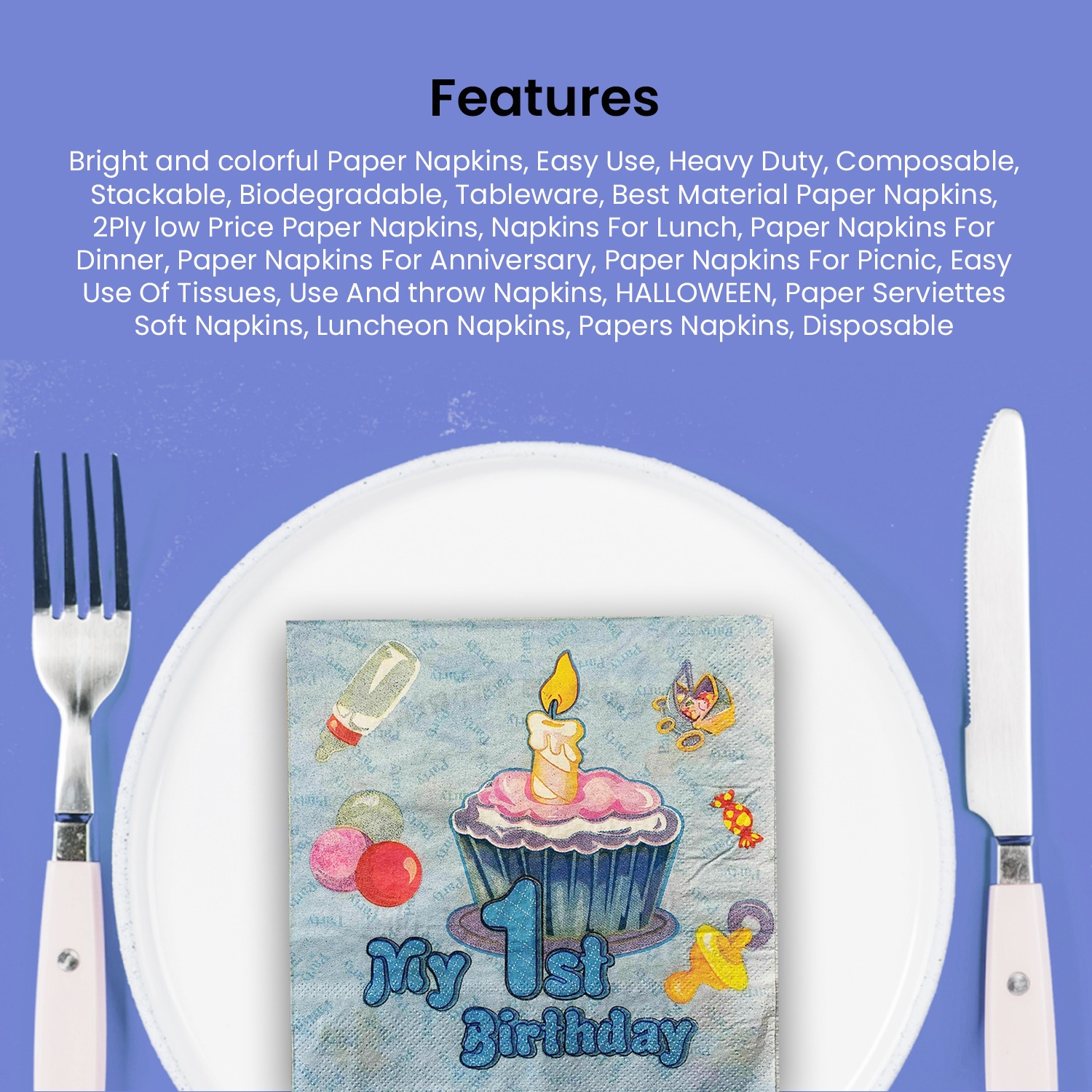 Blue Serviettes – 10x 2-Ply My 1st Birthday Paper Napkins