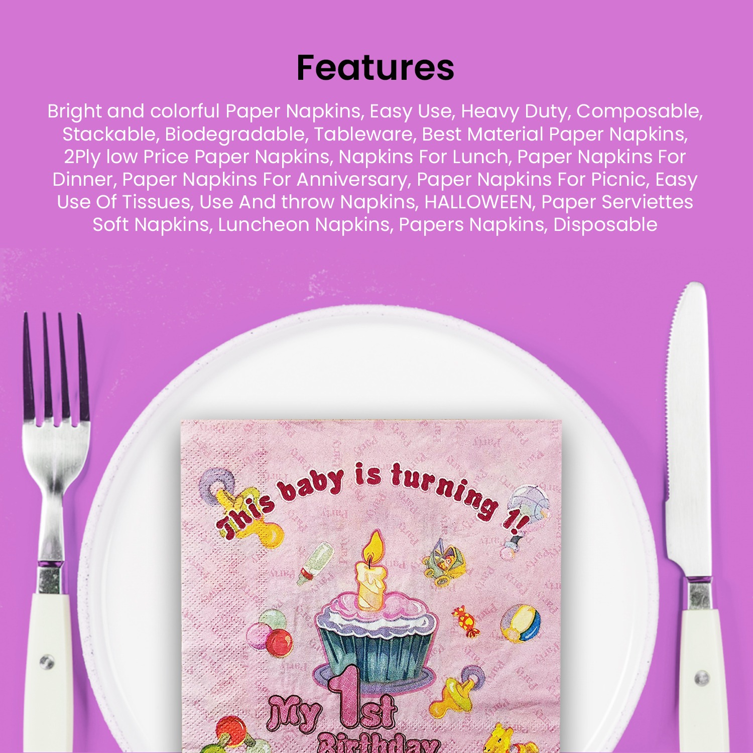 Pink Serviettes – 10x 2-Ply My 1st Birthday Paper Napkins