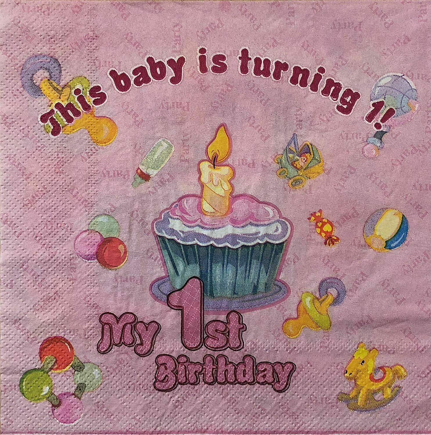 Pink Serviettes – 10x 2-Ply My 1st Birthday Paper Napkins
