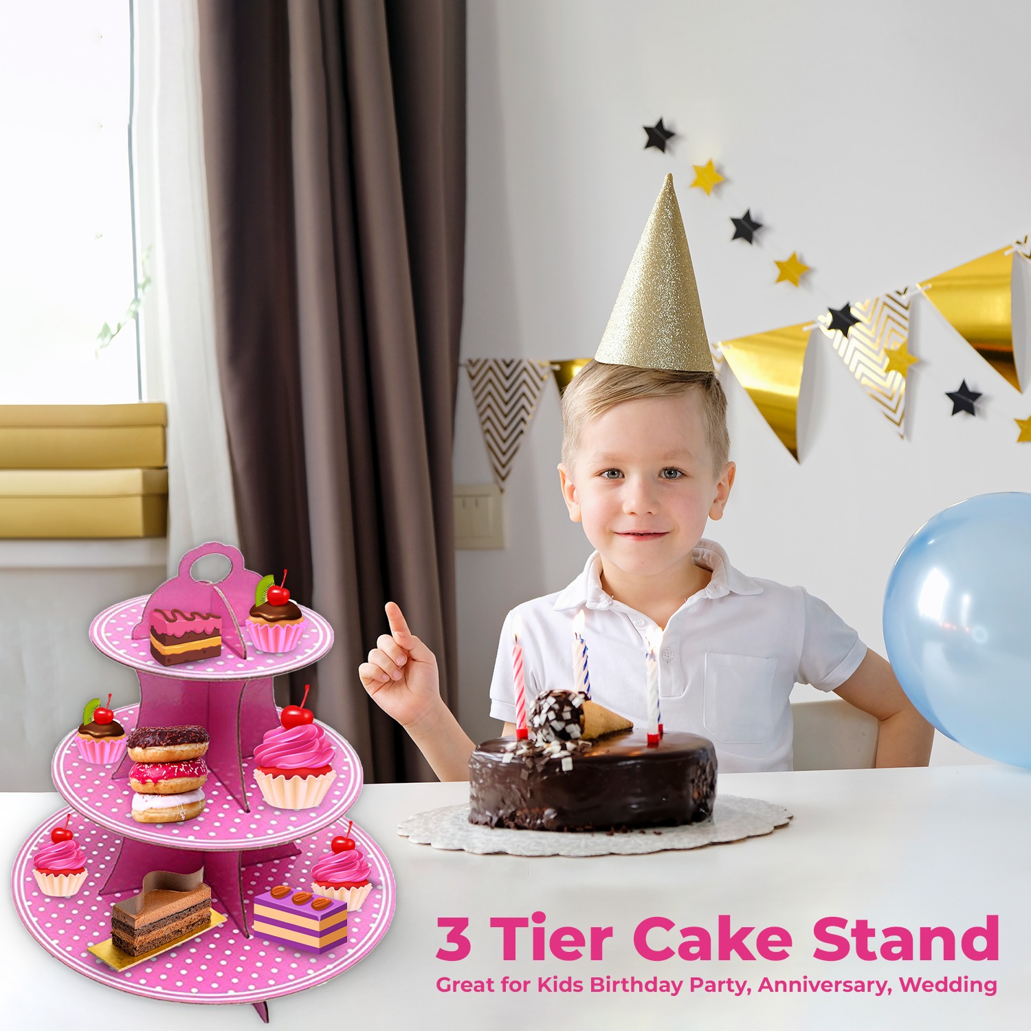 3 Tier Pink Polka Dot Cupcakes Stand – Cardboard Dessert Display