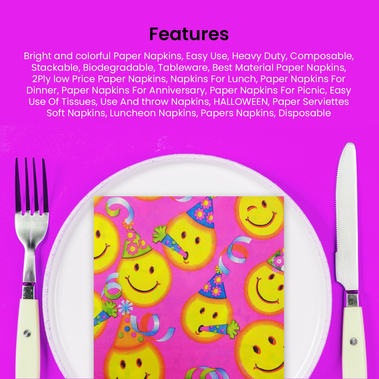 Pink Paper Napkins Serviettes – 10x 2-Ply Smile Emoji Party Napkins
