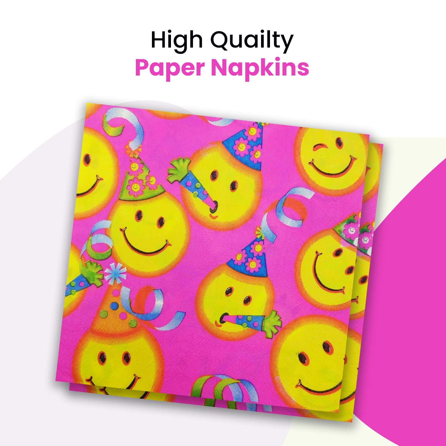 Pink Paper Napkins Serviettes – 10x 2-Ply Smile Emoji Party Napkins