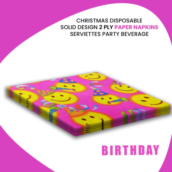 Pink Paper Napkins Serviettes – 10x 2-Ply Smile Emoji Party Napkins