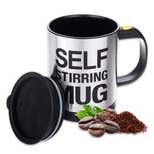 Black Premium Self-Stirring Coffee Mug 450ml – Battery Operated, Leak-Proof Lid
