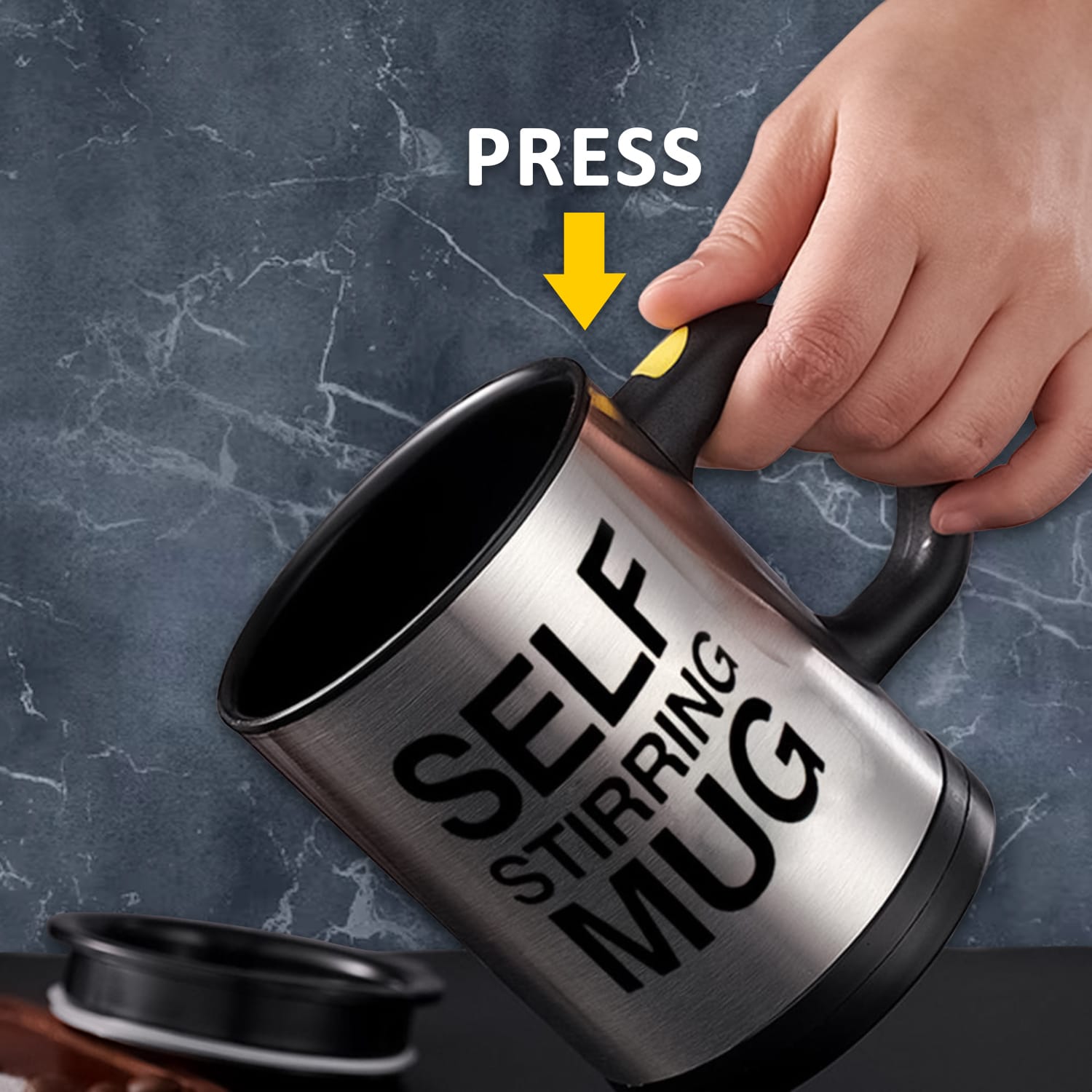 Black Premium Self-Stirring Coffee Mug 450ml – Battery Operated, Leak-Proof Lid