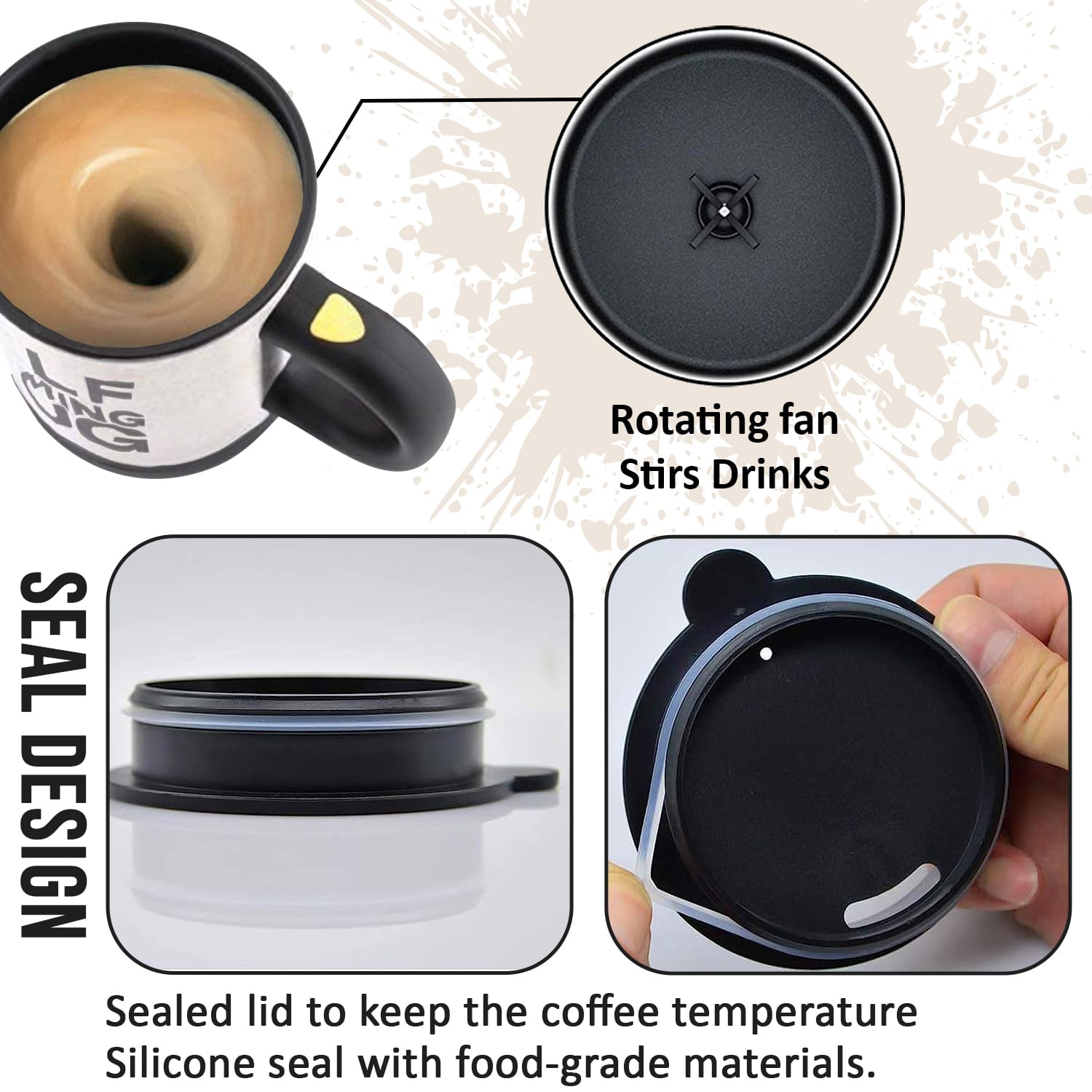 Black Premium Self-Stirring Coffee Mug 450ml – Battery Operated, Leak-Proof Lid