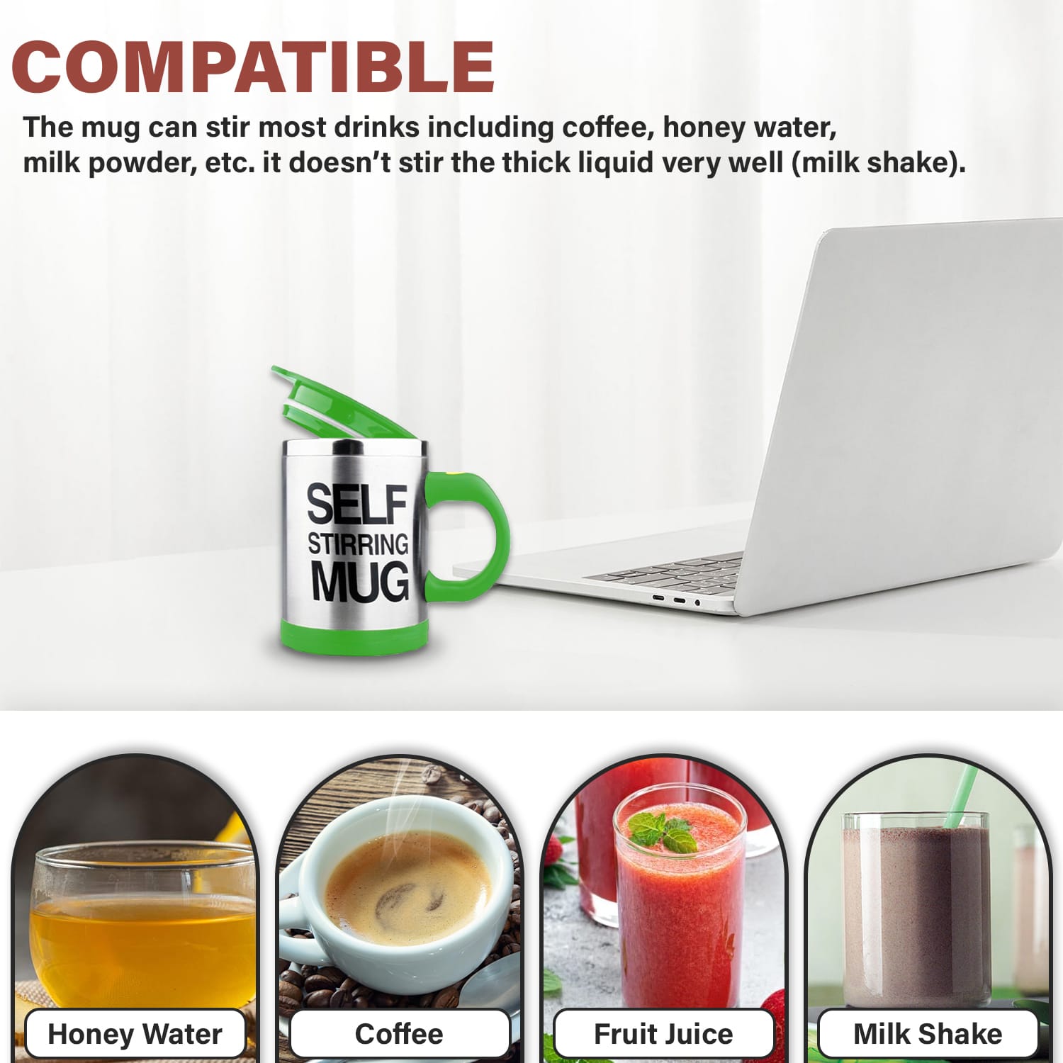 Green Self-Stirring Coffee Mug 450ml – Battery Powered, Leak-Proof Lid