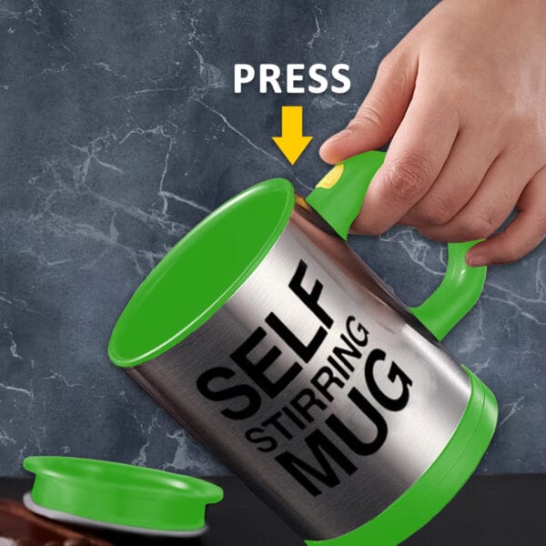 Green Self-Stirring Coffee Mug 450ml – Battery Powered, Leak-Proof Lid