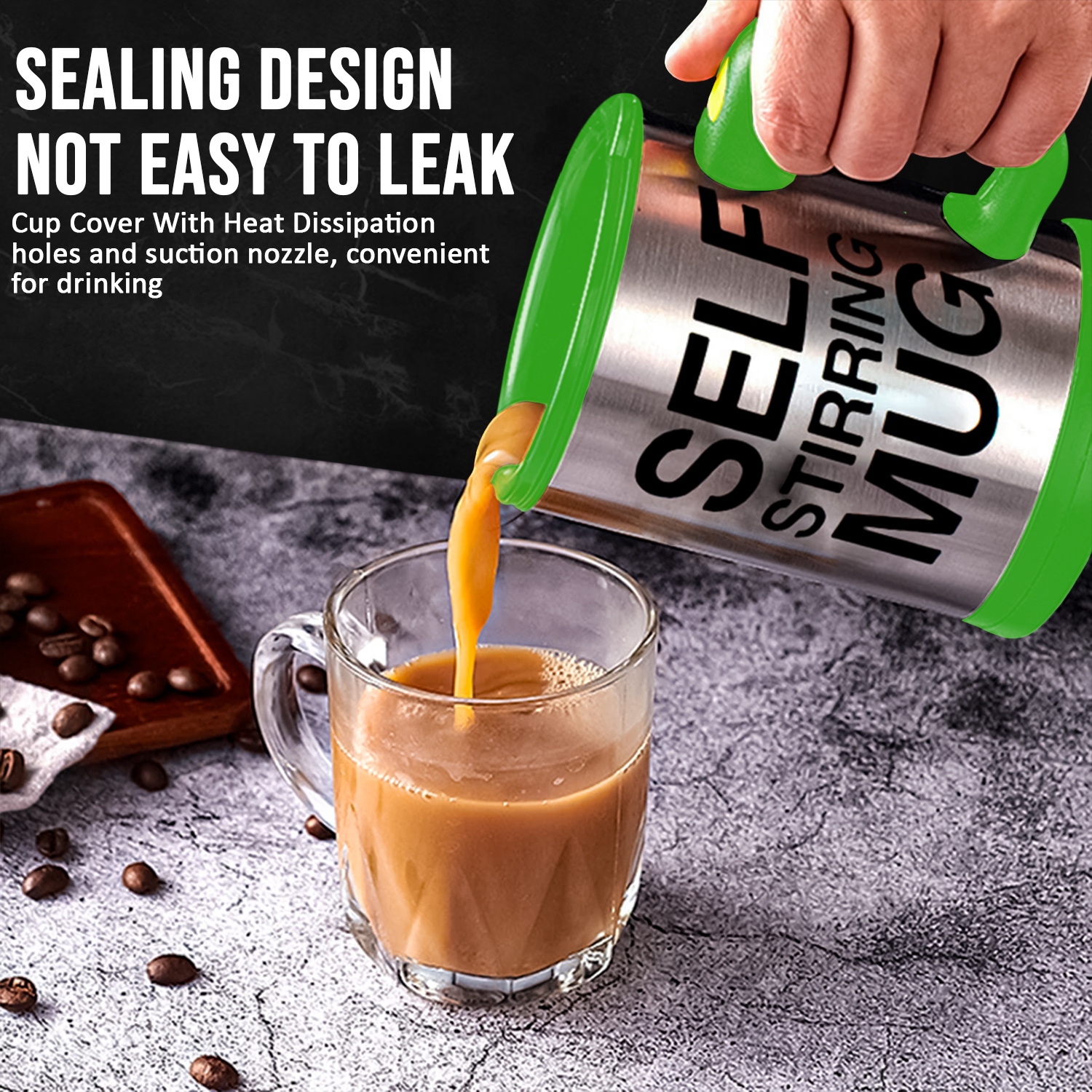 Green Self-Stirring Coffee Mug 450ml – Battery Powered, Leak-Proof Lid