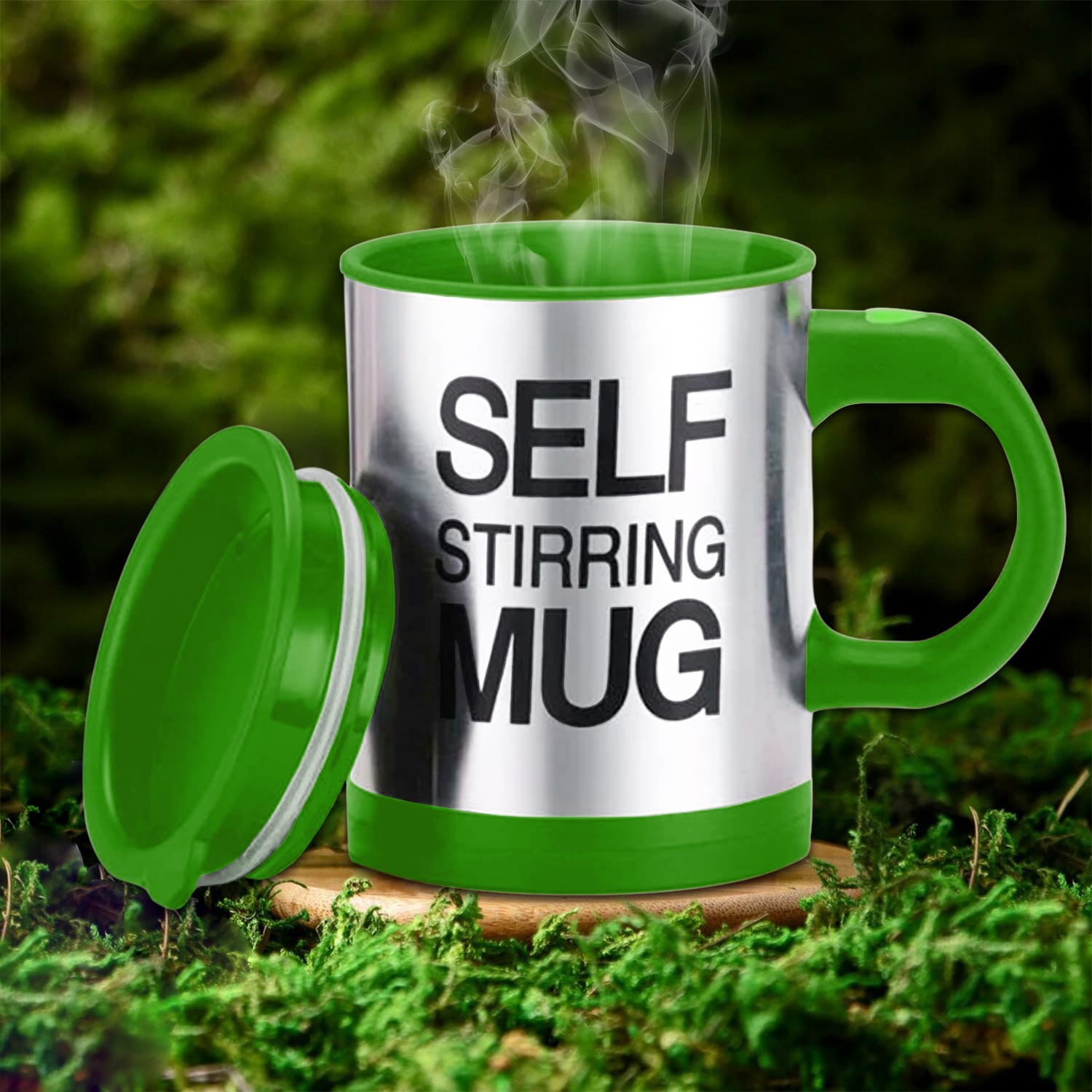 Green Self-Stirring Coffee Mug 450ml – Battery Powered, Leak-Proof Lid