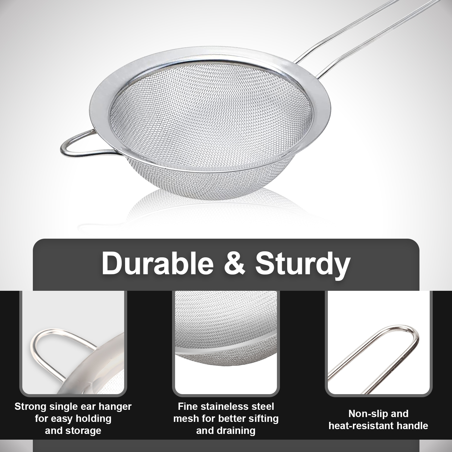 Food Strainer Set – 3 Stainless Steel Sieves for Baking & Cooking