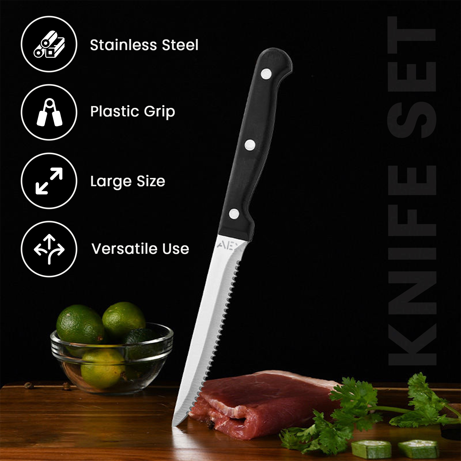 Stainless Steel Steak Knives Set of 4 – Ergonomic Black Handles