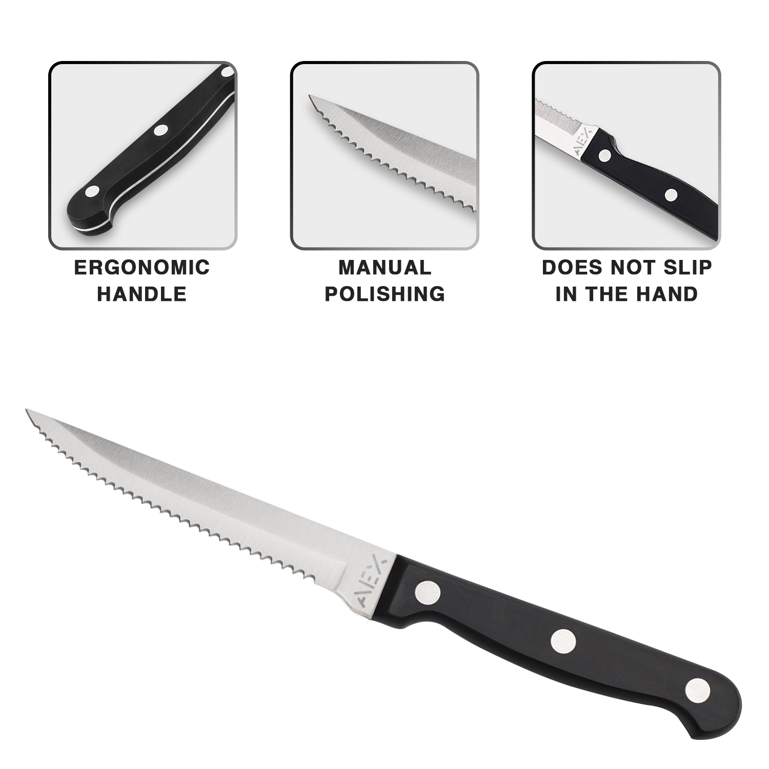 Stainless Steel Steak Knives Set of 4 – Ergonomic Black Handles