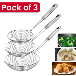 3X Stainless Steel Spider Skimmer Set – Ergonomic Handles, Hanging Holes
