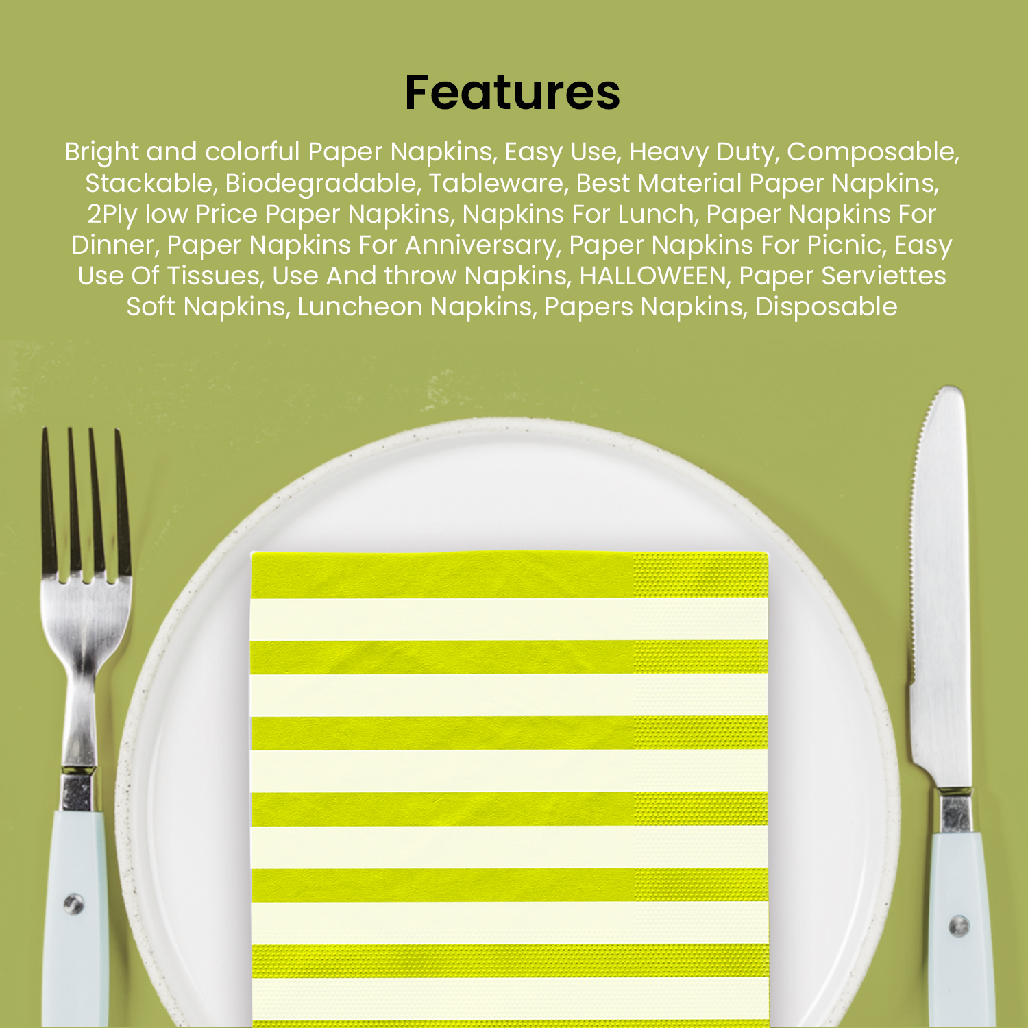 Lime Green Striped 2 Ply Paper Napkins – 10 Pack Disposable Serviettes