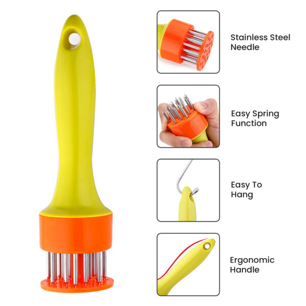 Yellow Meat Tenderiser Needle Tool with Stainless Steel Prongs