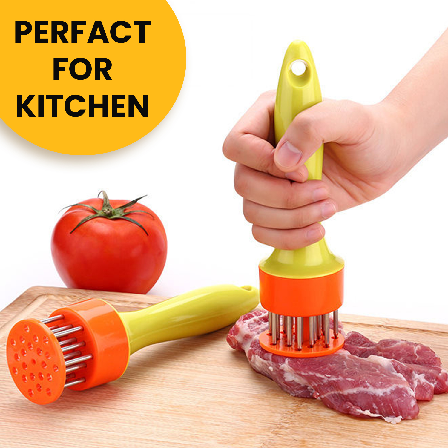 Yellow Meat Tenderiser Needle Tool with Stainless Steel Prongs