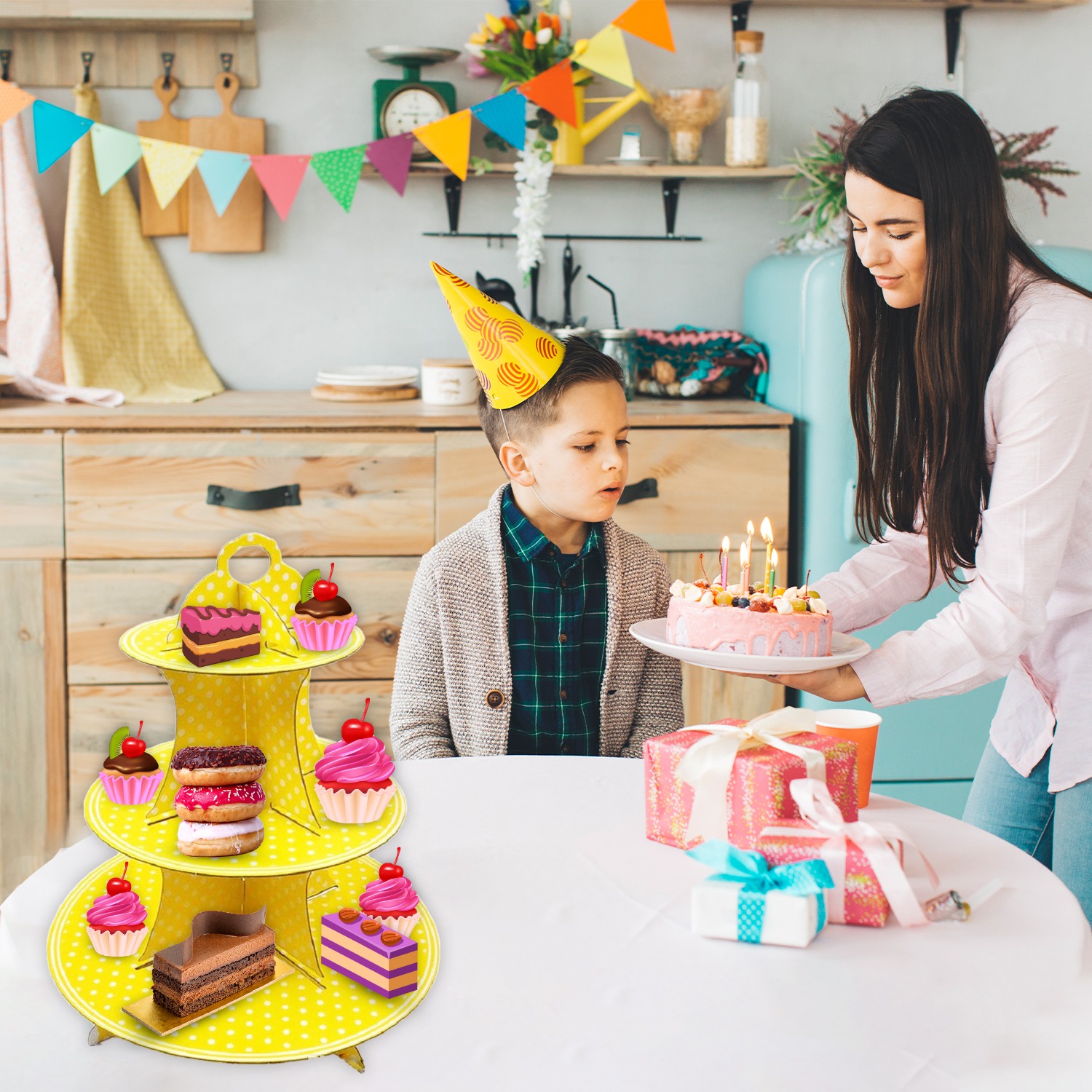 3 Tier Polka Dot Yellow Cupcake Stand Cardboard – Dessert Display