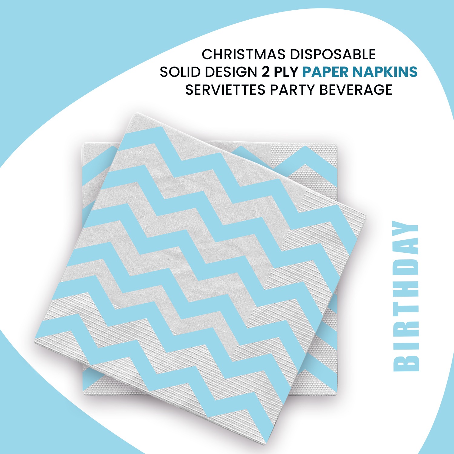 Blue Zigzag 2 Ply Serviettes Napkins – 10 Pack Disposable Paper Tableware