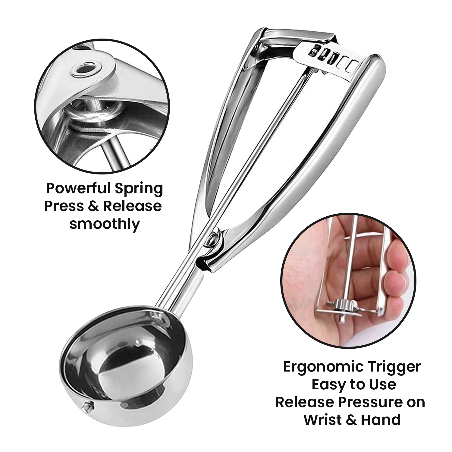Stainless Steel Ice Cream Scoop 6cm – Effortless Squeeze Handle